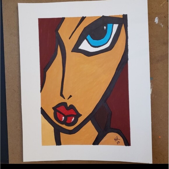 Blue Eyed Girl - Painting 8"x 10" Acrylic & Ink -  Original Signed Art Framed - Picture 2 of 3